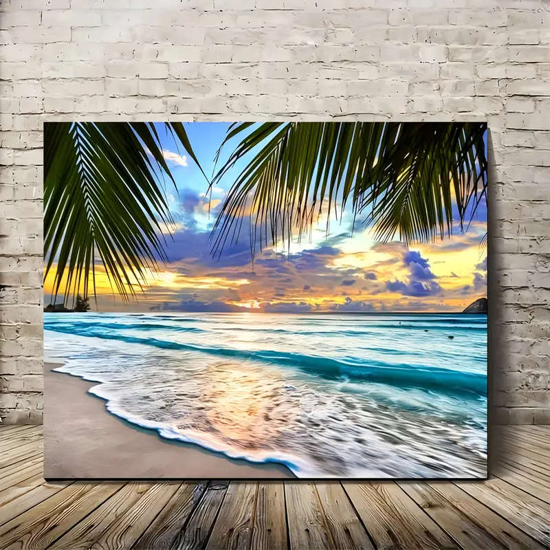 1pc Room Decor Coastal Sunset Beach Canvas Wall Art Tropical Palm Trees Seascape Print Woven Wooden