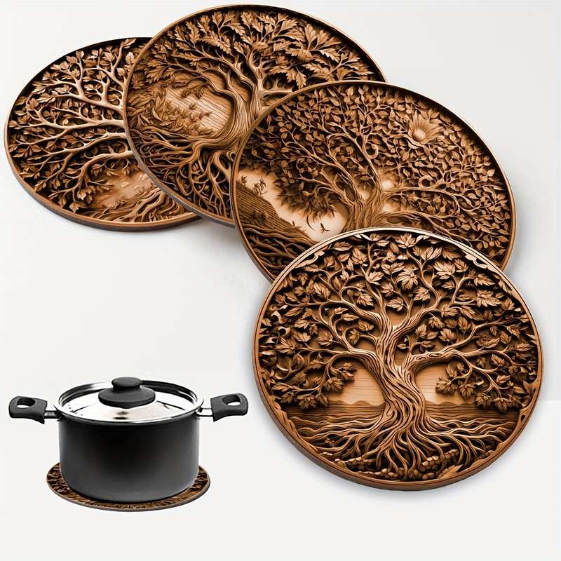 4pcs Tree of Life Wooden Trivet Set Heat Resistant Pot Holder Round Non-Slip Coasters for Ki