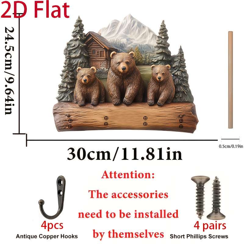 2D Flat 1pc Bear Family Simple Colorful Wooden and Home Key Hanger with Four Metal Hooks 2D Flat W