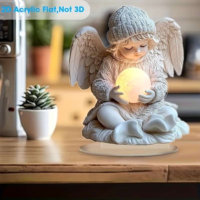 1pc 2D Flat  Glowing  Acrylic Angel Figurine with Illuminated Orb Perfect Desk Living Room De