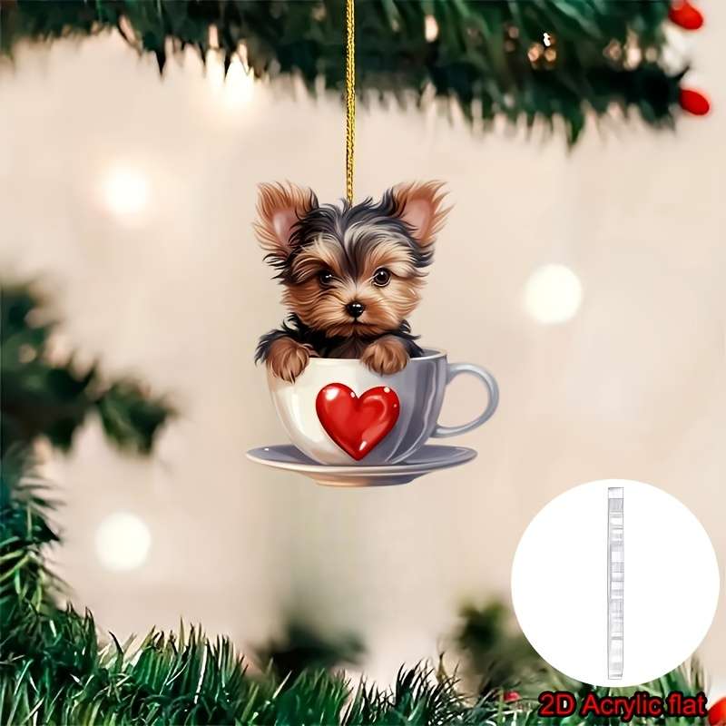 1pc 2D Flat  Adorable Yorkshire Terrier in Teacup Acrylic Pendant Versatile  Charm Hanger for H