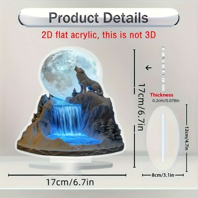 1pc 2D Flat   Bohemian Crystal Desktop Wolf and Full Moon Display 17.02x17.02 cm No Power