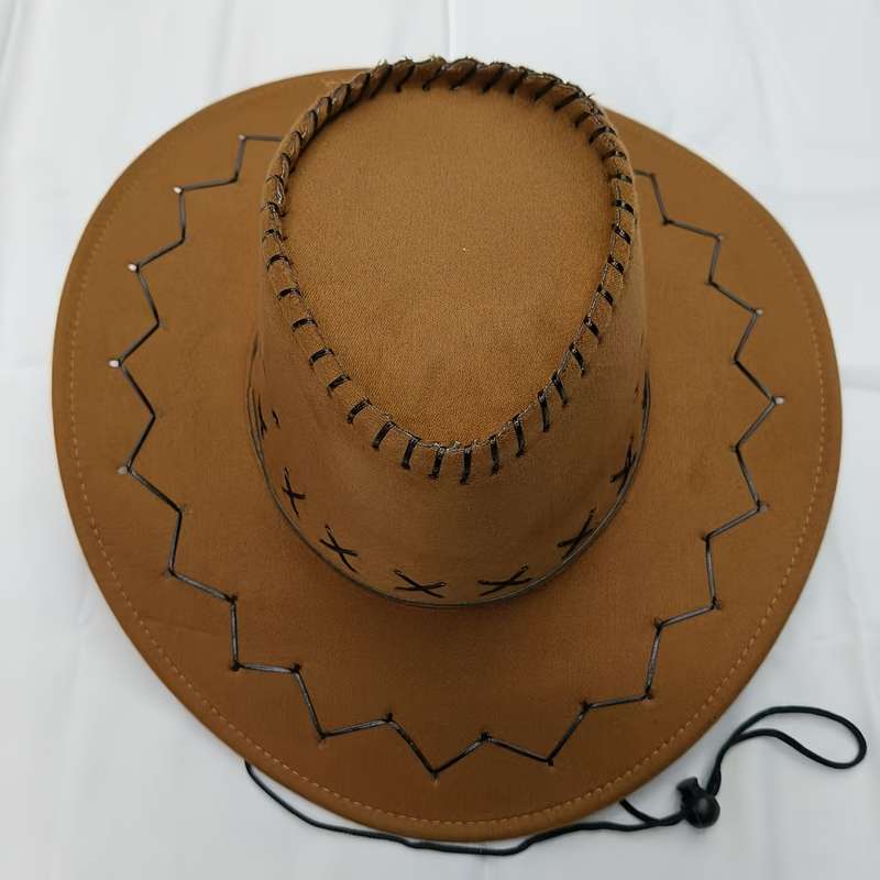 1pc Men's Western Cowboy Hat Suede PVC Boho Style Sun Protection Hat with Wide Brim Decorati