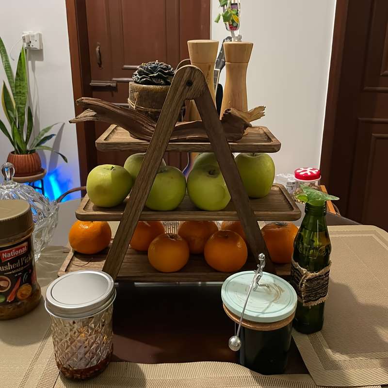 3-Tier Wooden Serving Tray Acacia Hardwood No Power Required Kitchen Organizer Buffet Displ