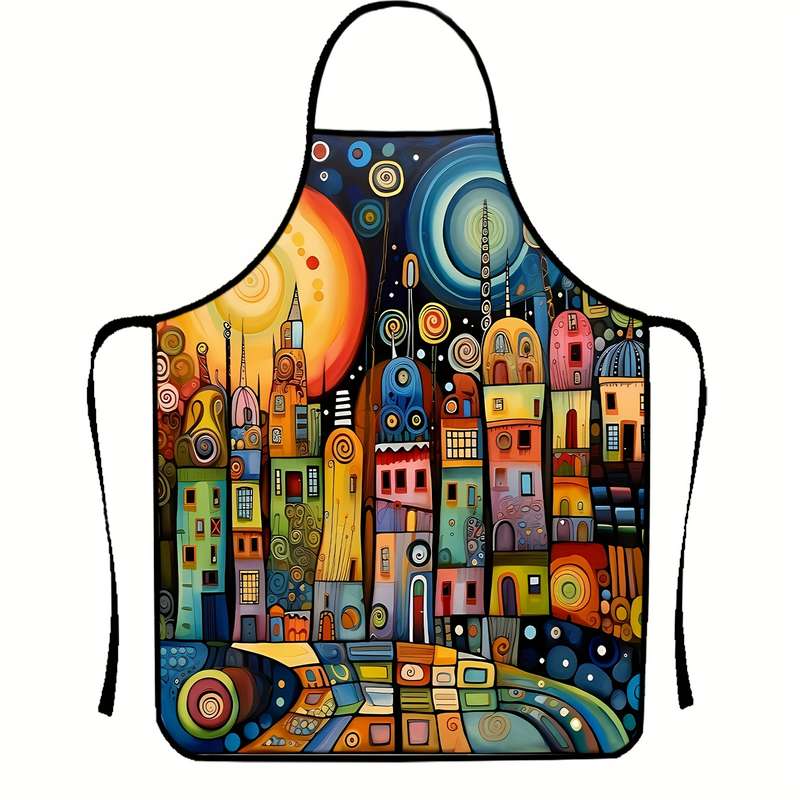 1pc Colorful Art City Pattern Polyester Apron Sleeveless Durable Kitchen Cleaning Bib