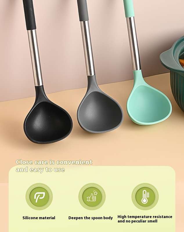 1pc large silicone spoon silicone spoon stainless steel handle spoon large spoon non-stick