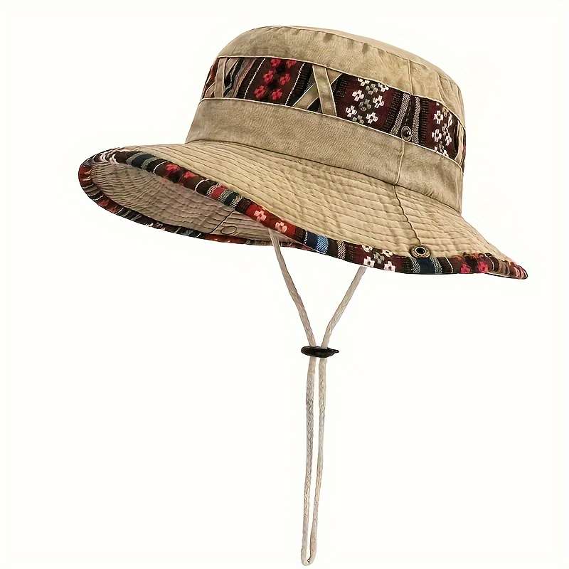 1pc Vintage Colorful Brim Boonie Hat for Women Sporty Woven Sun Hat with Adjustable Chin Strap G