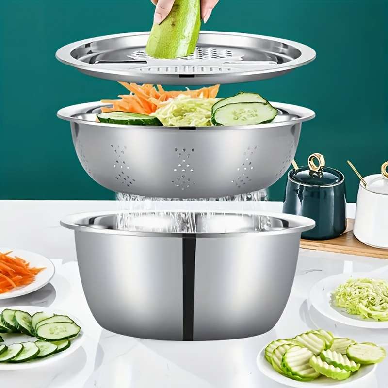 3pcs stainless steel kitchen set with integrated grinder multi-function strainer and mixing bo