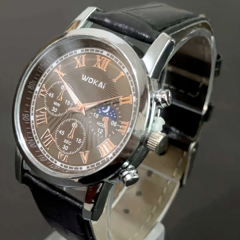 1pc Men's Business Sports Watch with Roman Numerals Black Faux Leather Strap and Moon Phase Display