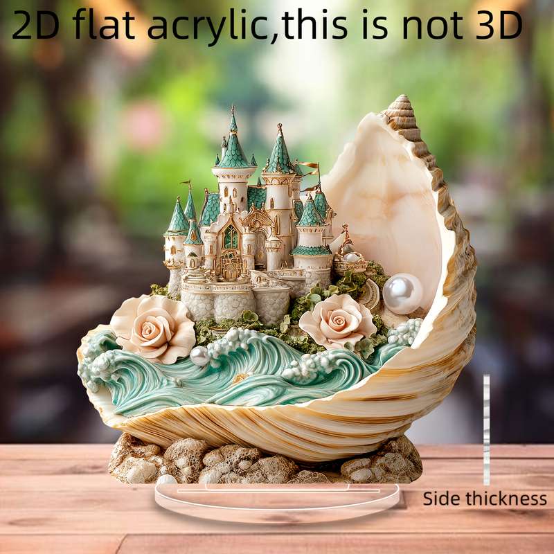 1pc 2D Flat  Bohemian-Style  Acrylic Flat Pearl Castle Desktop Decoration with Stand Elegant Se