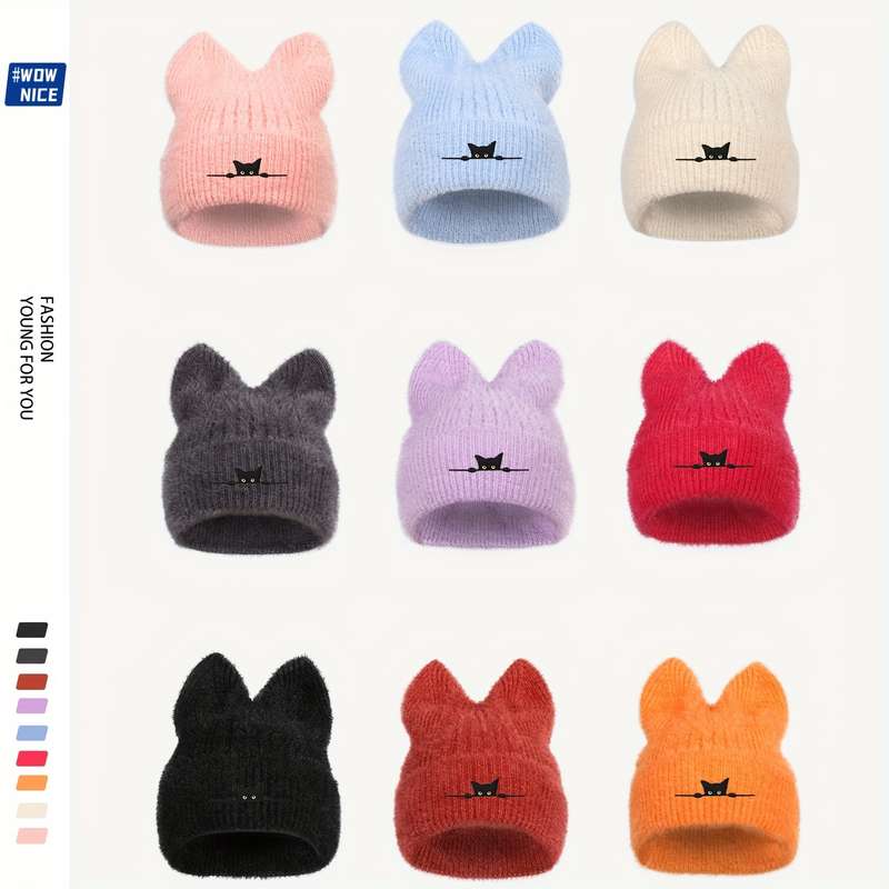 1pc Cozy Black Cat Embroidered Knit Beanie Thick Plush Winter Hat with Ear Covers Breathable St