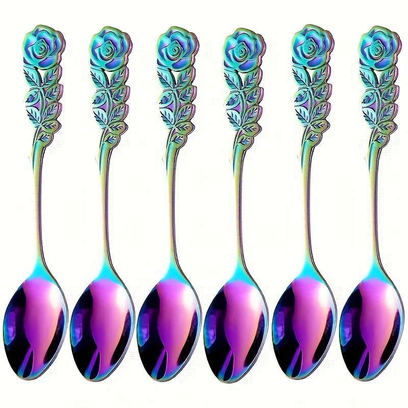 6pcs set stainless steel colored coffee spoon elegant Rose Flower design durable metal Teasp