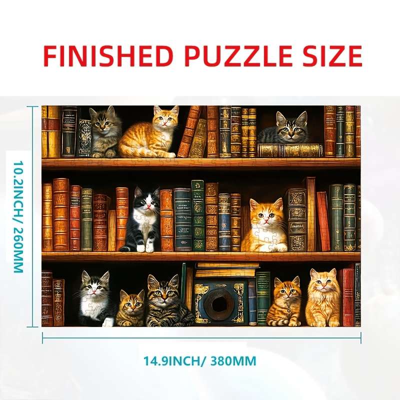 1000pcs Mini Jigsaw Puzzle Cute Cats on Bookshelf Design 38x26cm Gray Cardboard