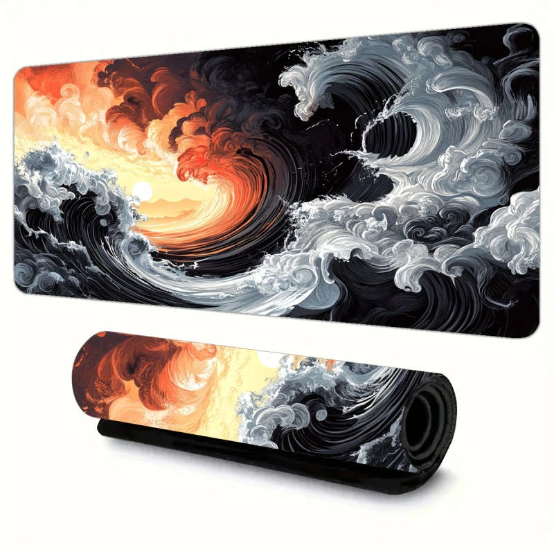 1pc 40x90cm Vibrant Wave Sunset Design Mouse Pad Non-Slip Washable Rubber Desk Mat