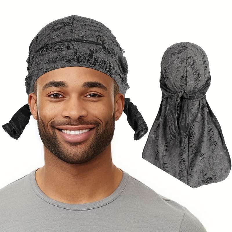1pc Men'S Vintage Distressed Pirate Hat with Adjustable Ties Black Knit Polyester Rapper Wrap Tur