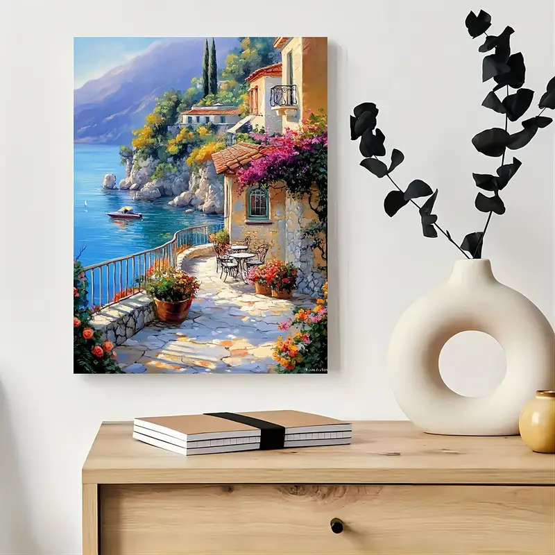 1pc Charming Seaside Village Canvas Art 29.97cm x 39.88cm Wooden Framed Wall Decor for Living Room B