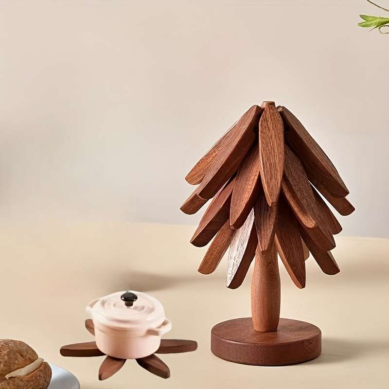 Wooden Tree-Shaped Pot Mat Set Includes 3 Removable Coasters and Base Creative Non-Slip Heat-