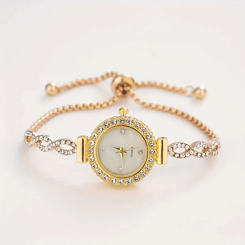 1pc Luxurious And Stylish Golden Women'S Round Quartz Watch Featuring an Exquisite Zinc Alloy Strap