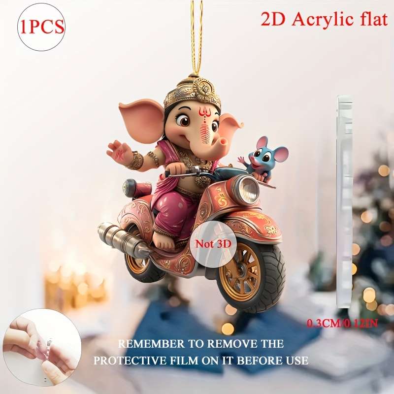 1pc 2D Flat  Acrylic Pendant Charming Ganesha Mouse Motorcycle Ornament Ideal for Car Interiors