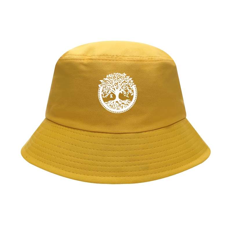 1pc Elegant Black Bucket Hat with White Tree Embroidery Comfortable Breathable Stylish Knit Fi