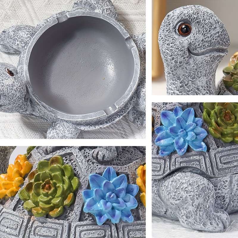 1pc Resin Mother and Youngsters Turtle Ashtray Oval Animal-Themed Ash Storage Box for Home and Gar