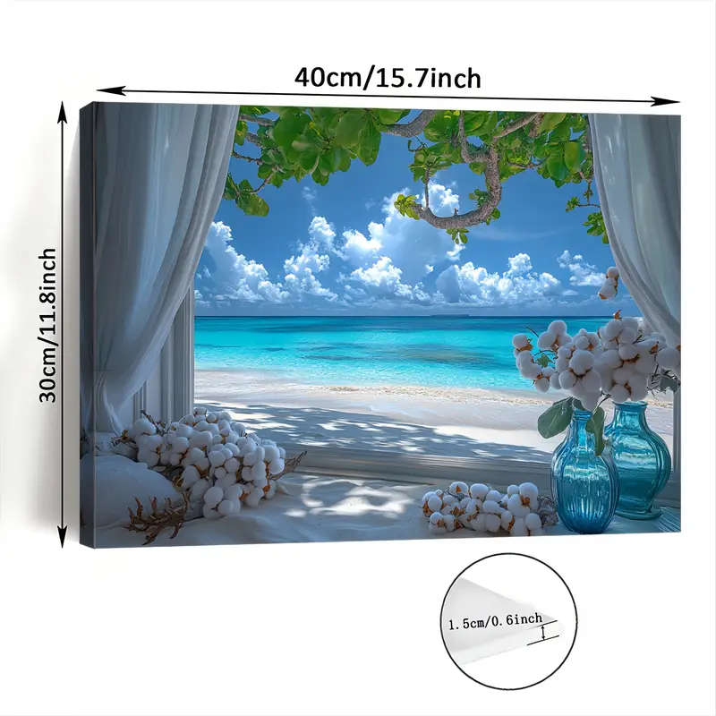 1pc Beach View Window Canvas Art Wooden Framed Wall Decor for Living Room Bedroom Kitchen Perfect Ho