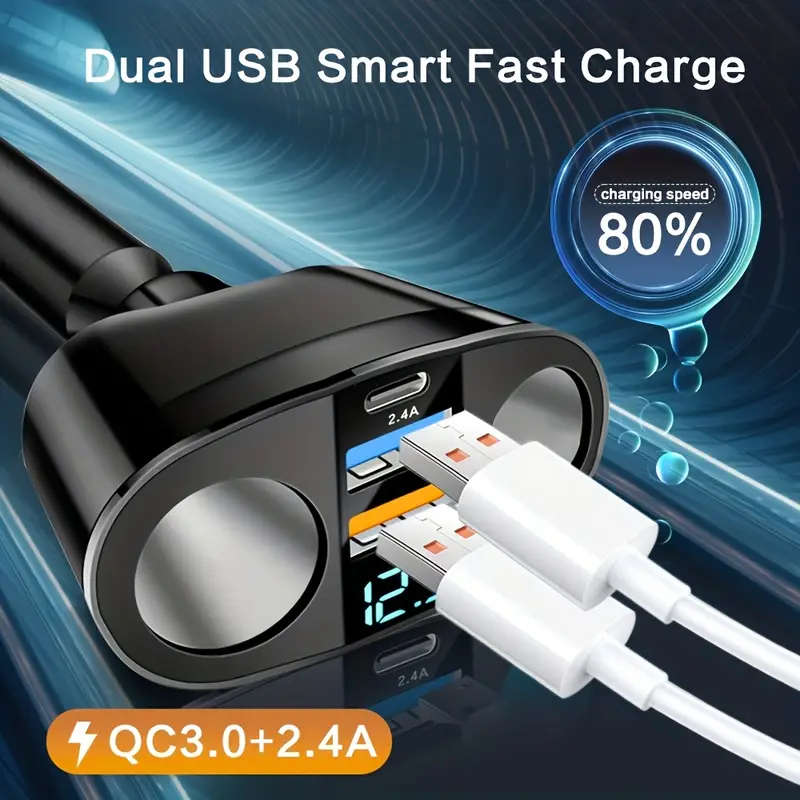 1pc One-Tow-Five Car Charger 2 Car Power Hole 2USB Port 1USB Type-C Port Fast Charging Universal 12/