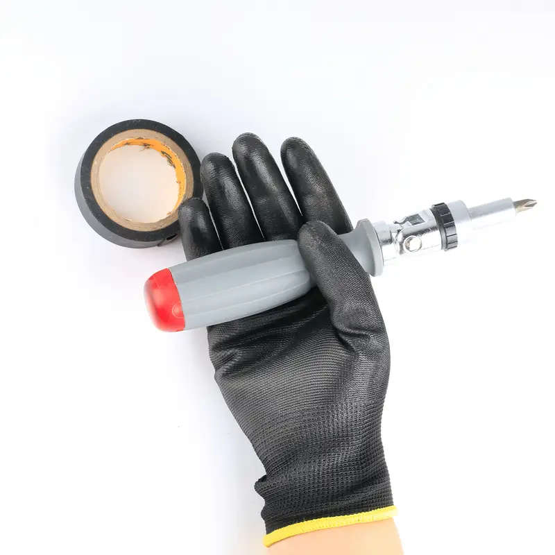 8pcs Durable Black Work Gloves Size XL Non-Slip Tear-Resistant PU Coated Palm for Gardening Construc