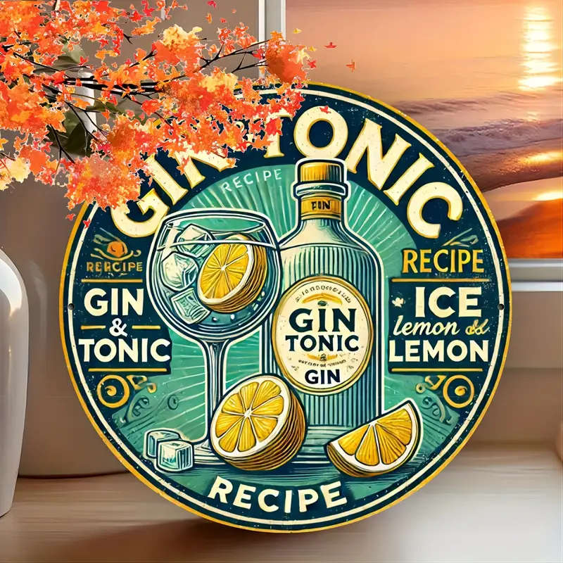 1pc Vintage Cheers Gin Tonic 20.32x20.32cm Round Metal Sign Durable Aluminum Wall Art with Vibrant G