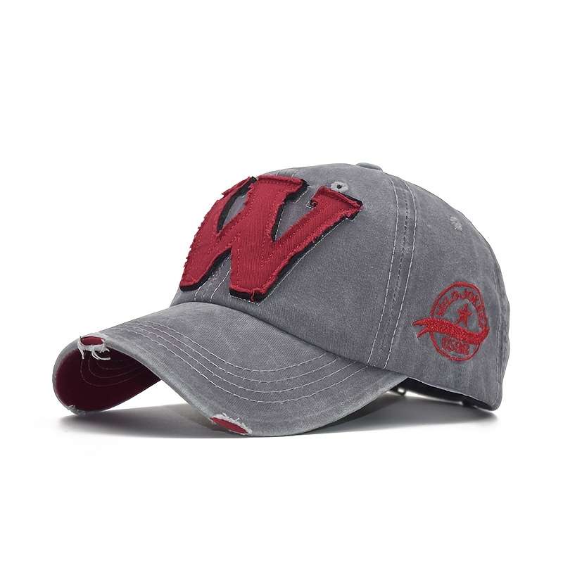 1pc Vintage Washed Embroidered "W" Baseball Cap Adjustable Fit Sweat Absorbent Sun Protection