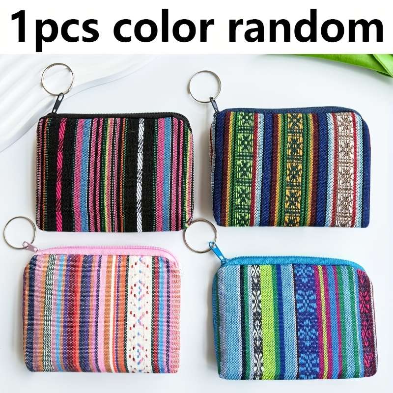 1pc Boho-Chic Retro Striped Canvas Zipper Wallet Lightweight Clutch with Coin Pocket Multifuncti