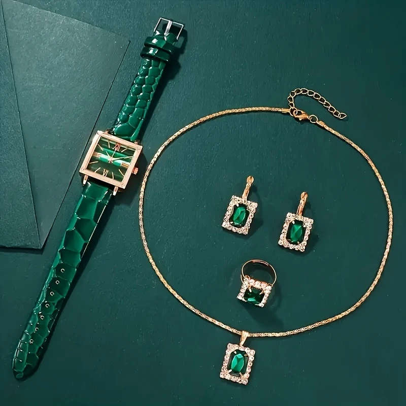 5pcs set Green Quartz Watches with PU Leather Strap Alloy Pointer Alloy Dial and Rhinestone Necklace