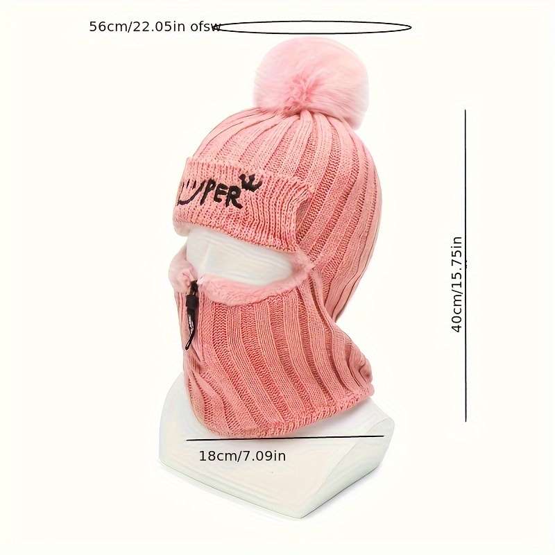 1pc Warm Elastic Knitted Winter Beanie with Pom Pom and Zipper for Women