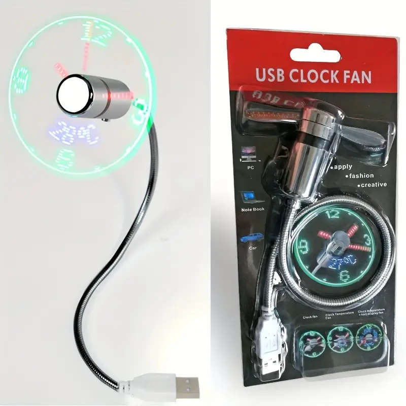 1pc Portable USB Clock Fan With Intelligent Creative Fashion Energy-saving LED Light Flashing Golden