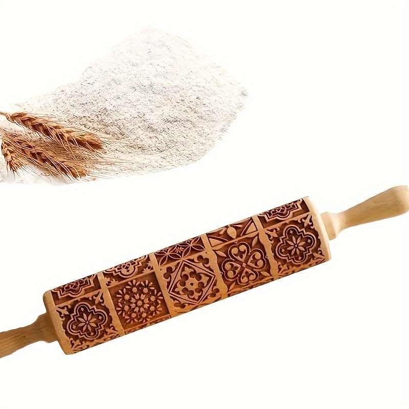 1pc Wooden Embossing Rolling Pin 13.77"x1.77" Christmas Halloween Printed for Pizza Pies