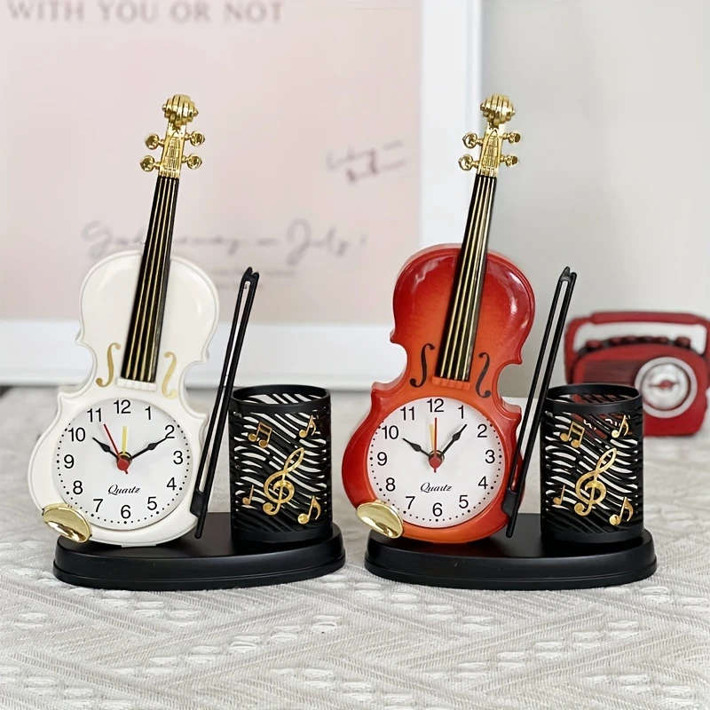 1pc Charming Violin-Shaped Alarm Clock with Pen Holder Creative Musical Instrument Design Battery-Op