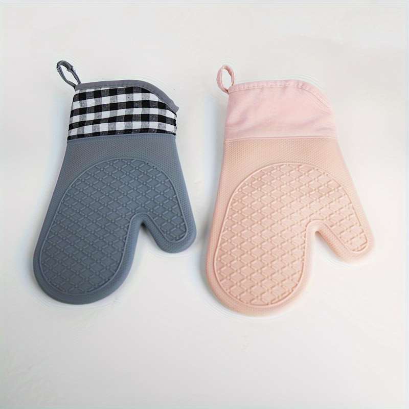 2pcs Non-Slip Silicone Kitchen Mitts Hand Wash Only Outdoor Cooking Safety Gear Check Pattern