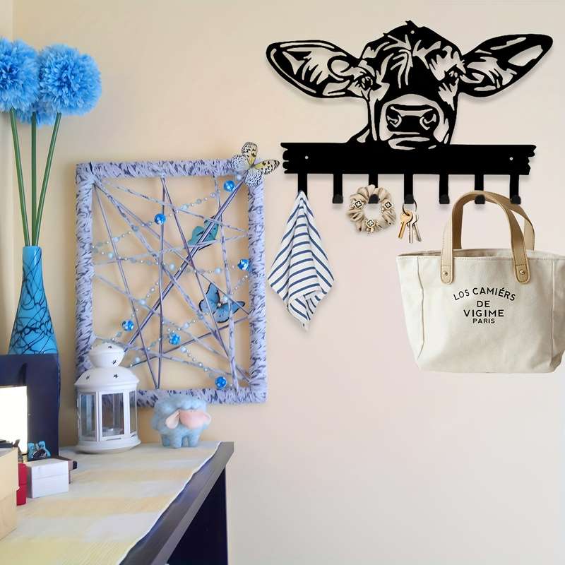 1pc Chic Cow-Head Metal Key  Coat Hook RackRustic Black Wall-Mounted Design with Powder-Coated F