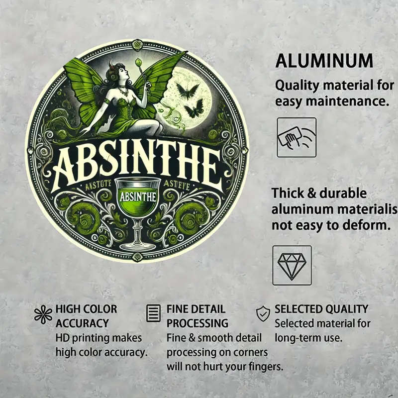 1pc Round Metal Sign Absinthe Themed Aluminum Wall Art Durable Craft Tool for Home Office Decor Idea