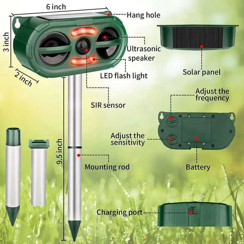 1pc Solar-Powered Ultrasonic Pest Repeller with LED Flashing Light Outdoor Bird Deterrent for Garden