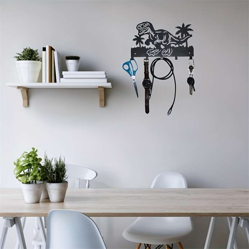 Metallic Dinosaur Coconut Tree Wall Coat Rack with 5 Alloy HooksTropical Palm Tree Key Holder for