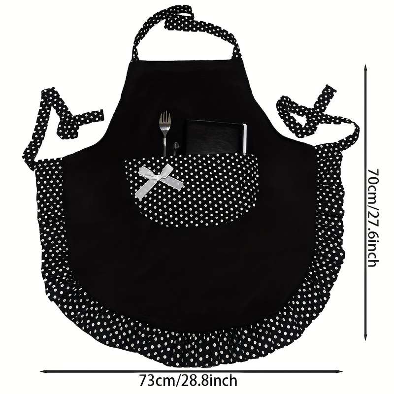 1pc Retro Polka Dot Apron with Ruffle Hem Large Pockets Black and White Vintage Kitchen Ba
