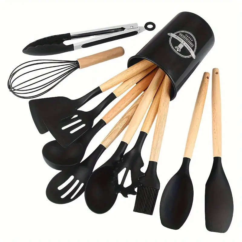 12pcs Silicone Kitchen Utensil Set with Wooden Handles Non-Stick Food-Safe Cooking Tools Washable Du