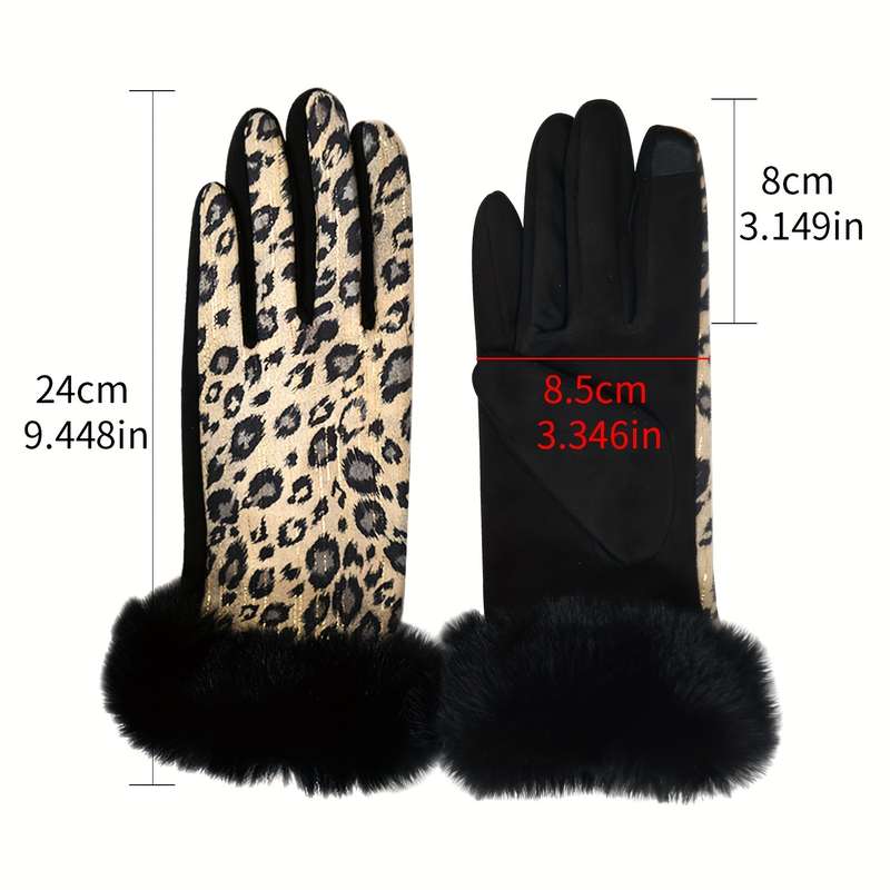 1 Pair Leopard Print Hair Mouth Gray Black Warm Gloves