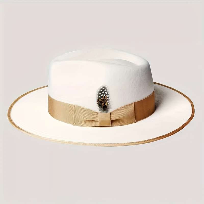 1pc Classic Fedora Hat with Feather Accents Elegant Sun Protection Woven Polyester Drawstri