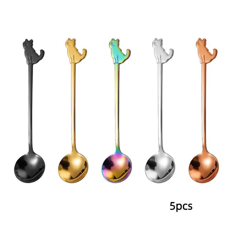 5pcs Stainless Steel Cute Mini Cat Spoons for Coffee Dessert Tea Sugar and Ice Cream Churn