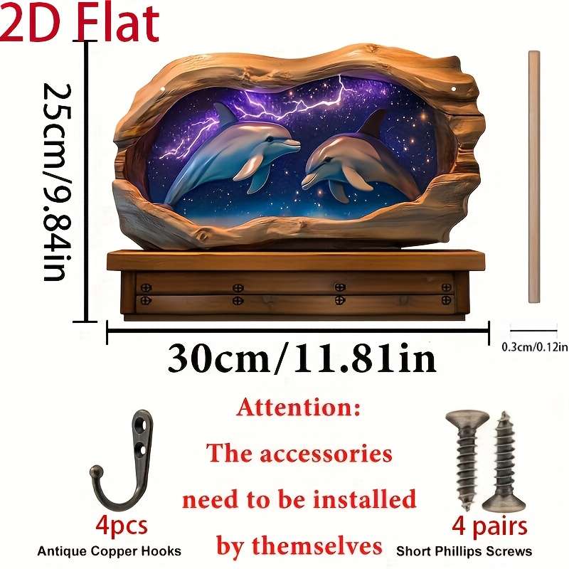 2D/Flat Dolphin Simple Colorful Wooden and Home Key Holder with Four Metal Hooks Wall Decor Porch