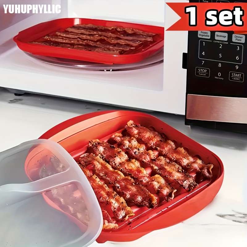 1set YUHUPHYLLIC Microwave Bacon Cooker with Lid PP Material Dishwasher Safe Splatter-Free B