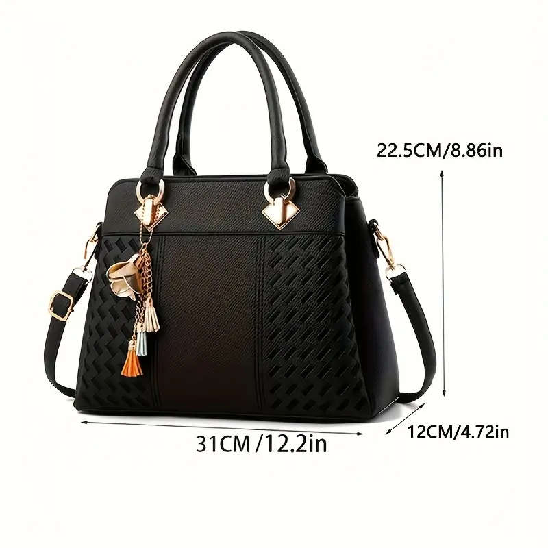 Elegant Embroidered Tote Bag with Tassel Charm Vintage Soft Faux Leather Versatile Crossbody Shoulde