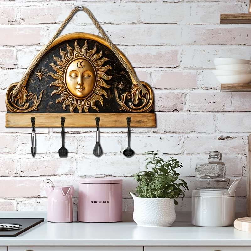 2D Flat 1pc Sun and Moon God Statue Simple Colored Wooden and Home Key Hanger with Four Metal Ho